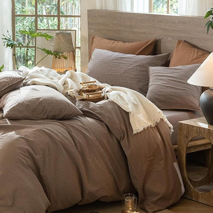 MooMee Wavy Striped Duvet Cover Set 100% Washed Cotton Linen Like Textured Breathable Durable Soft Comfy (Brown, Twin 68"x90")