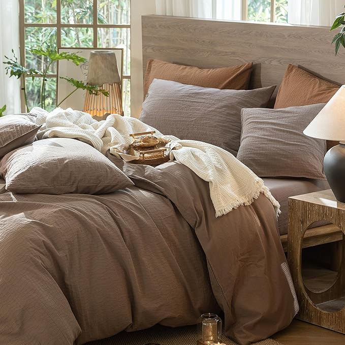 MooMee Wavy Striped Duvet Cover Set 100% Washed Cotton Linen Like Textured Breathable Durable Soft Comfy (Brown, King 104"x90")