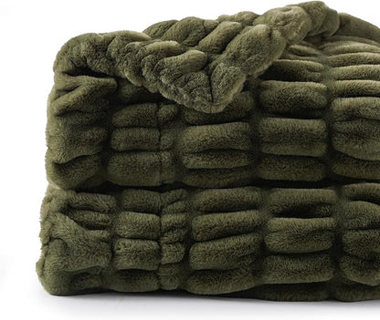 BATTILO HOME Olive Green Faux Fur Throw Blanket for Bed, Double Side Reversible Ruched Faux Rabbit Fur Throw for Couch, Bed, Super Soft Blanket Cozy Warm Mink Blanket, 50"x60"