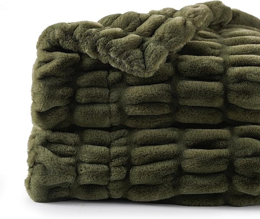 BATTILO HOME Olive Green Faux Fur Throw Blanket for Bed, Double Side Reversible Ruched Faux Rabbit Fur Throw for Couch, Bed, Super Soft Blanket Cozy Warm Mink Blanket, 50"x60"