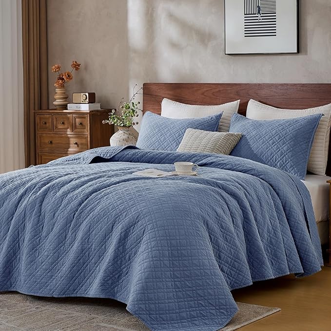 Cali King Quilt Set with Shams Lightweight Quilted Bedspread Coverlet Thin Comforter Bed Cover Vintage Washed Quilted Blanket for All Season, Brushed Microfiber Diamond Stitching, Blue, 111"x92"