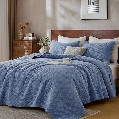 Cali King Quilt Set with Shams Lightweight Quilted Bedspread Coverlet Thin Comforter Bed Cover Vintage Washed Quilted Blanket for All Season, Brushed Microfiber Diamond Stitching, Blue, 111"x92"