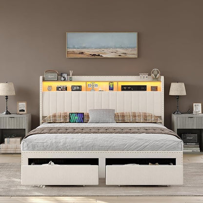 King Size Bed Frame with LED Light and Charging Station, Upholstered Bed Frame with 4 Drawers and 2-Tier Storage Headboard, Easy Assembly, Wooden Slats Support, No Box Spring Needed