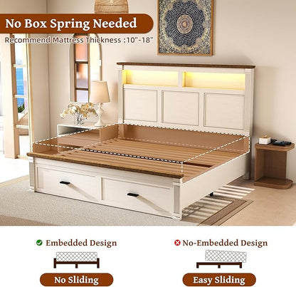 Queen Size Bed Frame with 53" Tall Headboard, Farmhouse Platform Bed Frame with Roman Column Decoration Footboard & 2 Storage Drawers, LED Built in Charging Station, No Box Spring Needed（Rust White)