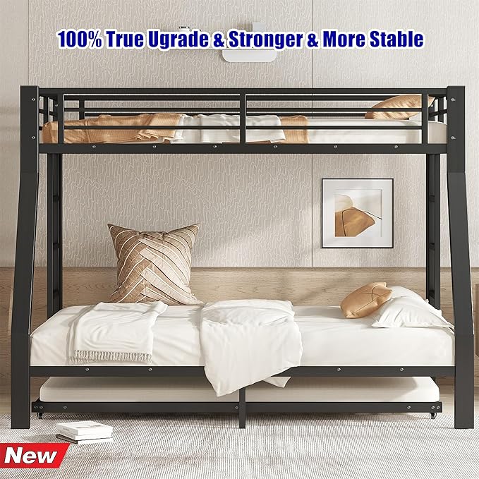 Upgraded & Stronger Heavy Duty Metal Twin Over Full Bunk Bed with Twin Size Trundle for Adults & Teens, Thickened More Stable Safer Bunkbeds (Greater Weight Capacity)