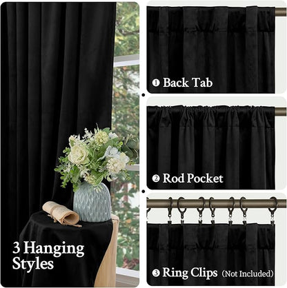 LAMIT Velvet Blackout Curtains 108 Inch for Bedroom, Black Thermal Room Darkening Panels for Movie Theater Living Room Back Tab and Rod Pocket Privacy Protected Drapes, 2 Panels, 52 x 108 Inch