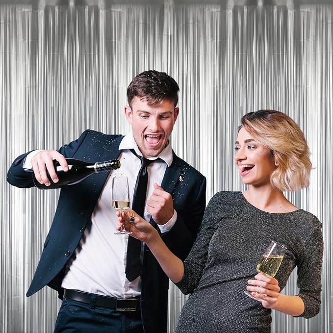 GOER 3.2 ft x 8.2 ft Metallic Tinsel Foil Fringe Curtains Party Photo Backdrop Party Streamers for Birthday,Graduation,New Year Eve Decorations Wedding Decor (1 Pack,Matte Silver,Thick Material)