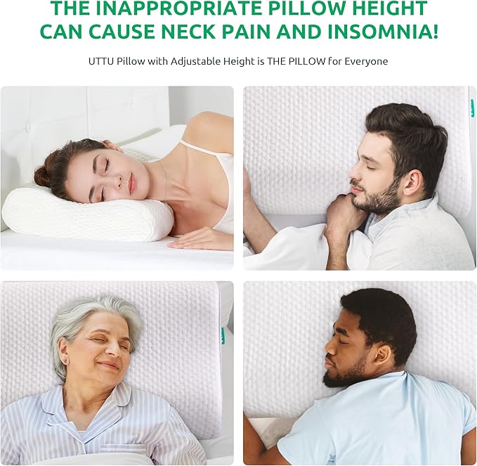 UTTU Cervical Pillow for Neck Strain Relief, Memory Foam Neck Pillow for Sleeping, Adjustable Orthopedic Sandwich Pillow, Contour Cooling for Side Back Stomach Sleeper, Travel(15.7"×11"×5.2"/4.5")