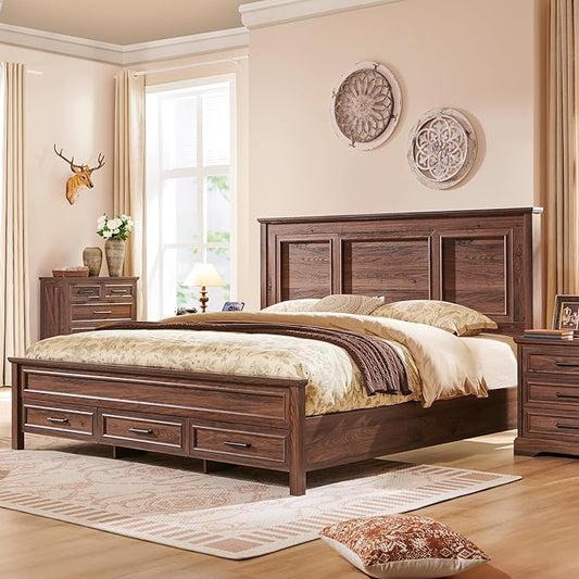ACCOHOHO Farmhouse King Size Bed Frame with 52" Tall Headboard, Wood Platform Bedframe with Footboard and Storage Drawers, No Squeak, No Box Spring Needed, Brown