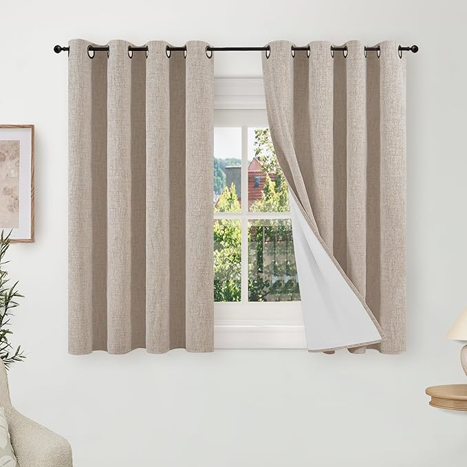 Short Linen Blackout Curtains 45 Inch Length 2 Panels, Thermal Insulated Total Light Blocking Window Curtains for Farmhouse Bedroom Basement, Bronze Grommet, Beige, Each 52" Wide