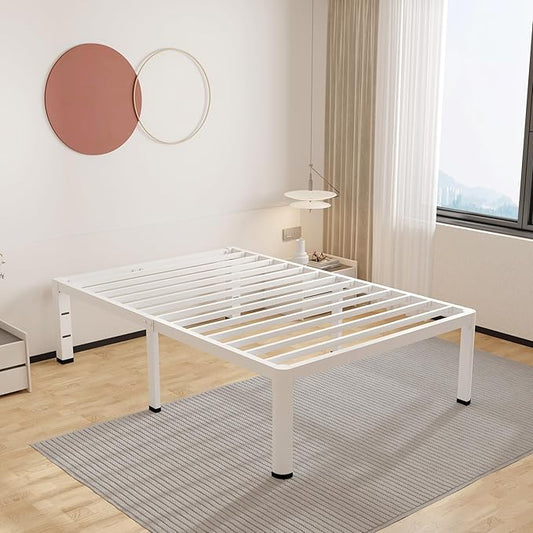 ROIL 18 Inch White Twin XL Bed Frame with Rounded Corner and Headboard Hole Mattress Retainers 3500LBS Heavy Duty Steel Slats No Box Spring Needed Platform Noise-Free Easy Assembly