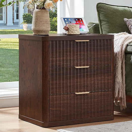 LEYAOYAO Fluted Nightstand with Charging Station, 23" Wide 3 Drawers Night Stand,Walnut End Table with Open Storage,Farmhouse Bed Side Tables, Wood Dresser for Bedroom, Living Room, Closet