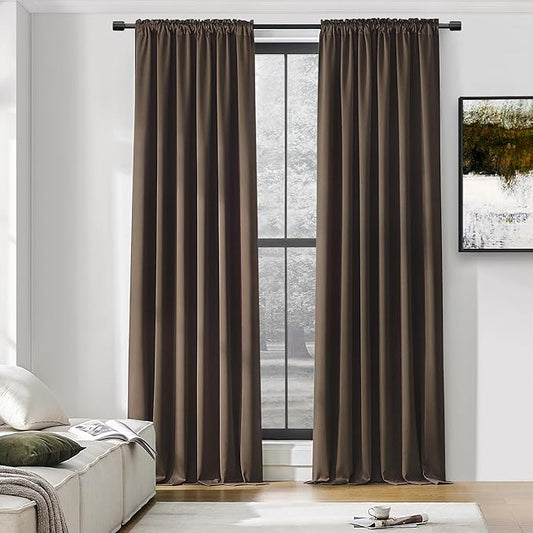 DONREN Extra Long 108 inch Length Blackout Curtains for Large Windows,Rod Pocket Soft and Touching Living Room Sweep to Floor for Villa(Brown,2 Pack,52 W by 108 inches Long)