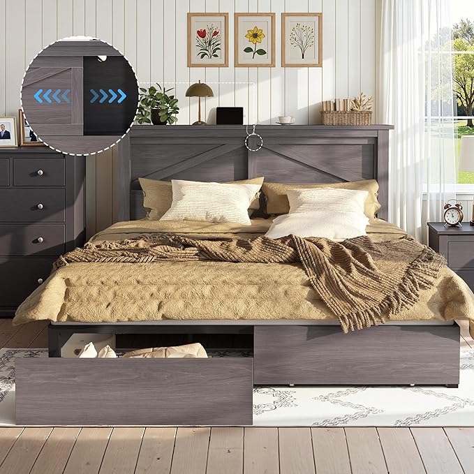 AMERLIFE 47.2" H King Bed Frame with Hidden Space Bookcase Headboard and Charging Station, Beds with 2 Storage Drawers and Wood Slats, No Box Spring Needed, Grey