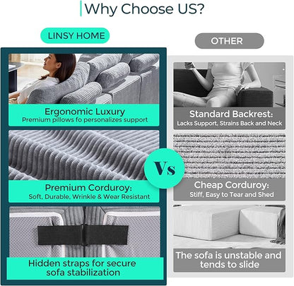 LINSY HOME Convertible Sofa Bed with 2 Pillows & Ottoman, Boneless Couch Folding Modular Sectional Sleeper Sofa, L Shaped Sofas Corduroy Couch Bed Compression Sofa for Living Room Apartment, Grey