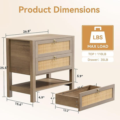 Rattan Nightstand Set of 2 with 2 Drawers and Storage Shelf, 26” Tall Wide Night Stand, Wood Large Bedside Table for Bedroom, Side Table, Carbon Cherry