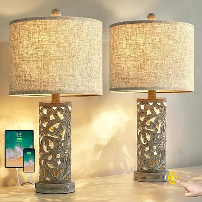 OYEARS Bedside Table Lamps Set of 2 with USB & Night Light, 22'' Dimmable Touch Lamps for Nightstand, Farmhouse Lamps for Bedroom Living Room Home Offce (Bulb Included)