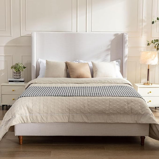 California King Size Upholstered Bed Frame, Platform Bed Frames with 54" Tall Headboard Wingback, Strong Wood Slats Support/No Box Spring Needed/Elegant Simplicity/No Noise, Textured Ivory Canvas