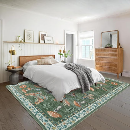 Mushroom Washable Rug 5x7 Area Rugs for Living Room, Insect Print for Bedroom, Non Slip Throw Rugs with Rubber Back, Soft Low Pile Dining Room Carpet for Under Table, Green