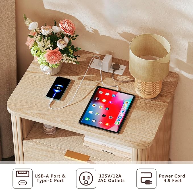 Fluted Nightstands Set of 2, Mid Century Modern Bedside Table with Drawer & Open Shelf, Curved Profile Design, Night Stand with Charging Station, End Side Table with Storage for Bedroom, Oak