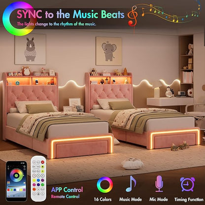 Twin LED Bed Frame with Storage Headboard & Charging Station, Velvet Fabric Platform Bed Frames with 3 Drawers, Button Tufted Upholstered, No Box Spring Needed, Pink