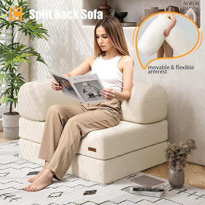 COMAX Folding Sofa Bed, Fold Out Chair, Foldable Sofa, Convertible Sleeper Chair for Adults, Futon Single Small Floor Couch for Spaces, Bedroom Living Room Guest Room, Beige