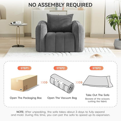 Oversized Boneless Corduroy Accent Chair, Comfy Deep Seat Armchair for Bedroom, Modern Upholstered Living Room Sofa Chair with Pillow, No Assembly, Grey