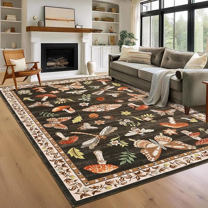 Mushroom 10x13 Area Rug for Living Room Washable Non Slip Forest Soft Low-Pile Stain Resistant Thin Large Throw Carpet for Bedroom Dining Room Office Brown