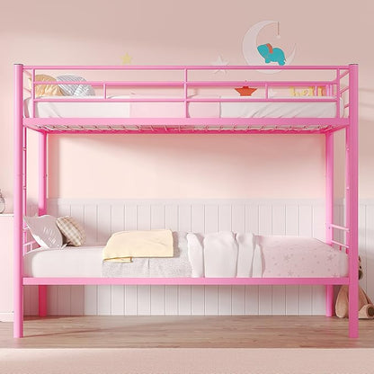 VECELO Bunk Bed Twin Over Twin, Metal Bunkbeds with Ladder and Full-Length Guardrail, No Box Spring Needed, Space Saving, Noise Free, Light Pink