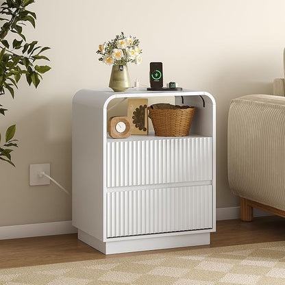 Dresser with 2 Drawers and Charging Station, Fluted Bedside Table with Round Curved Corner, Hidden Handles, 2 AC Outlets and 2 USB Ports, Modern Wood End Table with Open Shelf for Bedroom