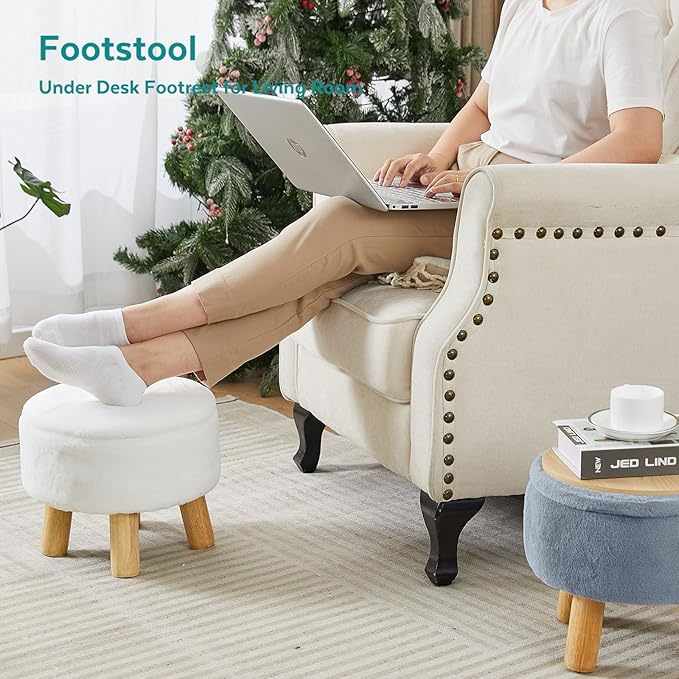FIMIVIBI Small Foot Stool Ottoman with Storage, Soft Faux Fur Ottoman Foot Rest for Couch, Round Footstool with Storage, Small Ottomans and Footstools for Living Room and Entryway (Gray)
