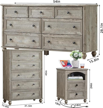 Farmhouse Dressers & Night Stand Set of 4, Wood 54" Wide Dresser & 45" Tall Chest of Drawers, 18" with Charging Station Nightstand Set of 2, Bedroom Furniture Dresser Set for Home Living Room Hallway