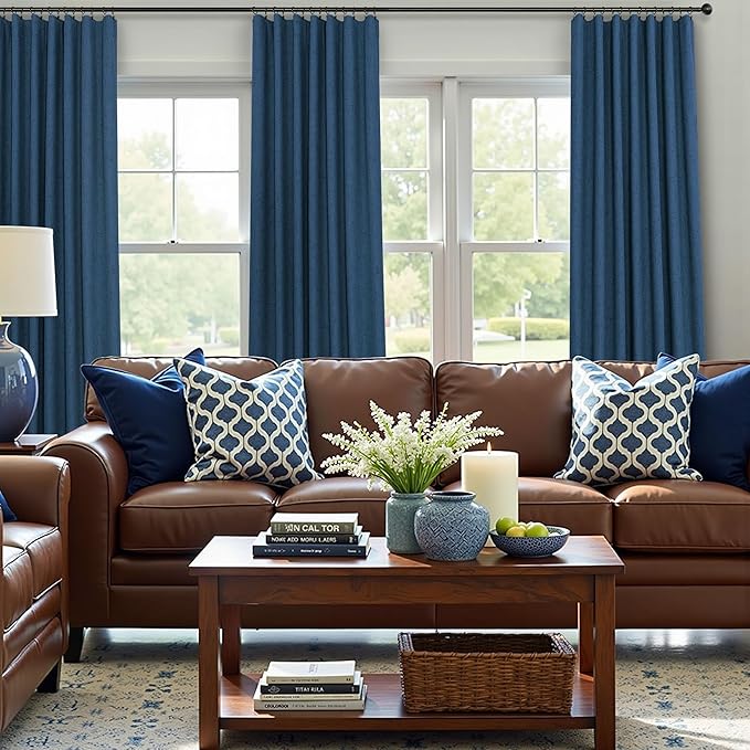 Navy Blue Curtains 108 Inches Long 2 Panel Faux Linen Nautical Modern Farmhouse Blackout Curtain for Bedroom Dining Living Room Divider Drapes Sun Heat Light Blocking Ceiling to Floor Length Dark Blue