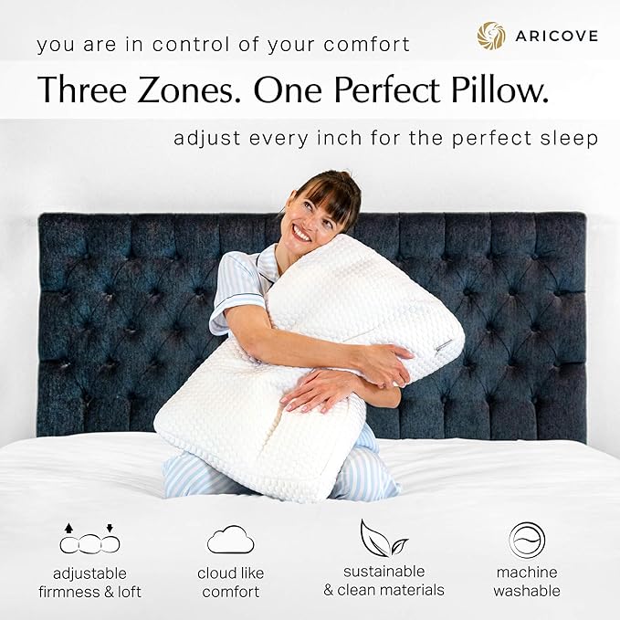 Aricove Bed Pillow for Sleeping, Side Sleeper Pillow for Adults, Queen Size, Adjustable Firm Memory Foam & Soft Microfiber Fill, Neck and Shoulder Support