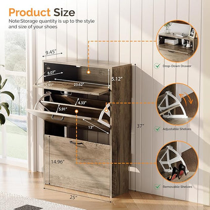 VINGLI Shoe Cabinet Storage for Entryway Ultra Slim with 2 Flip &1Drop-Down Drawers, 24.8" W Narrow Shoe Cabinet for Front Door Entrance,Freestanding Washed Gray Wood Shoes Organizer for Hallway