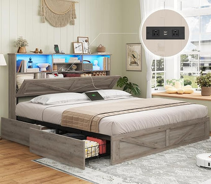 AOGLLATI Farmhouse Queen Bed Frame with 4 Storage Drawers and Led Lights, Wooden Bed Frame Queen Size with Hidden Space Bookcase Headboard and Led Lights & Metal Slats, Grey