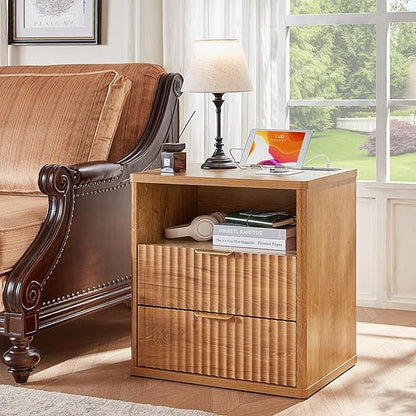 LEYAOYAO Fluted Nightstand with Charging Station, 23" Wide 2 Drawers End Table, Brown Night Stand with Open Storage Cabinet, Farmhouse Bed Side Tables, Wood Dresser for Bedroom, Living Room, Closet