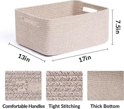 Large Storage Baskets for Organizing, Closet Shelf Baskets for Clothes Blanket Towels, Baby Nursery, Toy Bins Box, Woven Rope Baskets, 17 x 13 x 7.5”, 4 Packs Mixed Brown