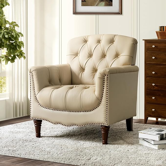 HULALA HOME Mid Century Modern Leather Club Chairs Set of 2, Top-Grain Genuine Leather Armchairs with Button-Tufted Back & Solid Wood Legs, Accent Chairs for Living Room/Bedroom/Home Office, Beige