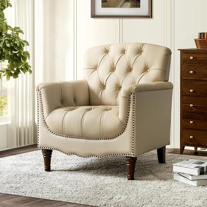 HULALA HOME Mid Century Modern Leather Club Chairs Set of 2, Top-Grain Genuine Leather Armchairs with Button-Tufted Back & Solid Wood Legs, Accent Chairs for Living Room/Bedroom/Home Office, Beige