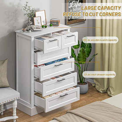 Odeekea White Dresser with 6 Drawers, Vertical Tall Dresser for Bedroom, Chest of Drawers for Nursery, Wood Closet Drawers for Hallway, Living Room, Entryway, 47” Tall Modern Farmhouse Style
