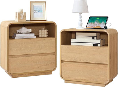 Modern Nightstand Set of 2, 23.2" Large Wood Bedside Table with Charging Station & Curved Profile, 2 Storage Drawers Side Table, Mid-Century End Table Night Stand for Bedroom Sofa Natural