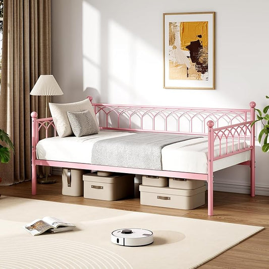GarveeHome Twin Size Daybed, Sofa Bed Frame with Metal Steel Slat Support, Heavy Duty Metal Bed Frame, Space Saving, Easy Assembly, for Small Spaces, Living Room, Bedroom, Apartment, Pink