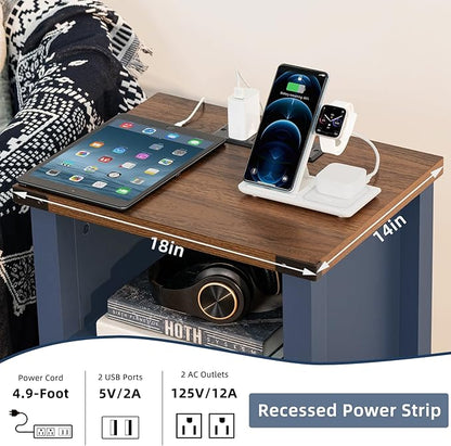 Joaxswe Night Stand Set of 2, 18 Inch Farmhouse Nightstand with with Charging Station and USB Port, Rustic Couch End Table with Magnetic Door, Wood Bed Side Tables for Bedroom, Home, Navy Blue