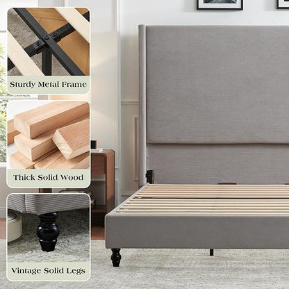 King Bed Frame with 65" Tall Headboard, Horizontal Fine Corduroy Bed Frame with Wingback, Upholstered Platform Bed, Vintage Solid Wood Gourd Legs, No Box Spring Needed, Gray
