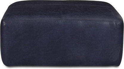 POLY & BARK Sequoia Ottoman – 35” Square Pouf with Feather-Down Topper – Full-Grain Leather Upholstered Pouf Ottoman for Living Room – Italian Leather in Midnight Blue