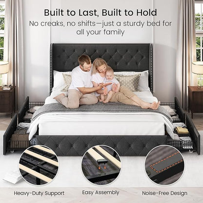LARMACE King Size Platform Bed Frame with 4 Storage Drawers and Tufted Headboard Linen Upholstered Bed Wingback Bed Frame with Wooden Slats Support, Easy Assembly, Dark Grey