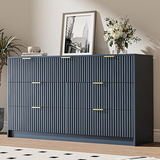 Navy 7 Drawer Dresser for Bedroom, 55.9" Wide Modern Fluted Dresser with Gold Metal Handles, Wide Chest of Drawers for Bedroom, Living Room, Entryway, Hallway