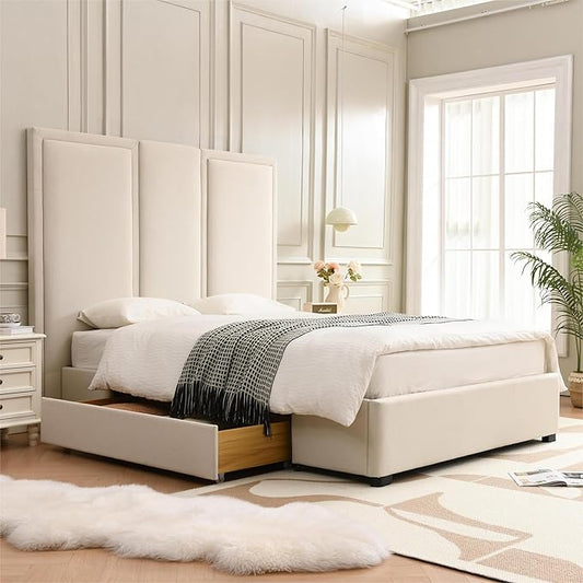 YUHUASHI Queen Size Bed Frame with 64-inch High Headboard, Simple and Airy Linen Upholstered Platform Bed with Storage Drawers, Wood Slat, No Noise (Beige, Queen)