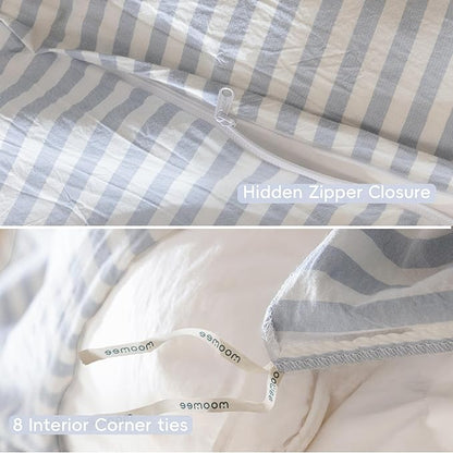MooMee Striped Duvet Cover Set 100% Washed Cotton Linen Like Textured Breathable Durable Soft Comfy (Cornflower Blue White Classic Stripes, Full 80"x90")